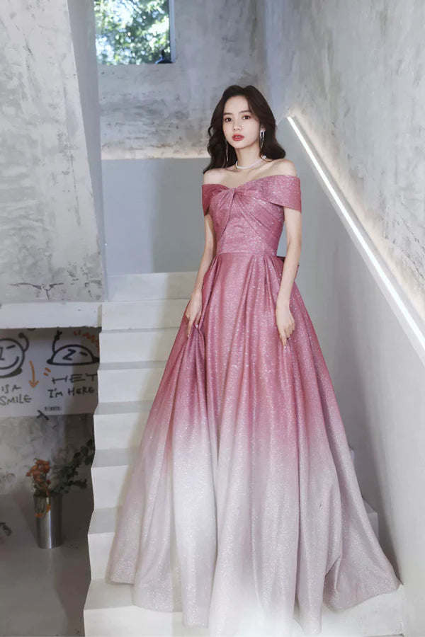 Beautiful Gradient Floor Length A-Line Prom Dress Off the Shoulder Evening Party Dress