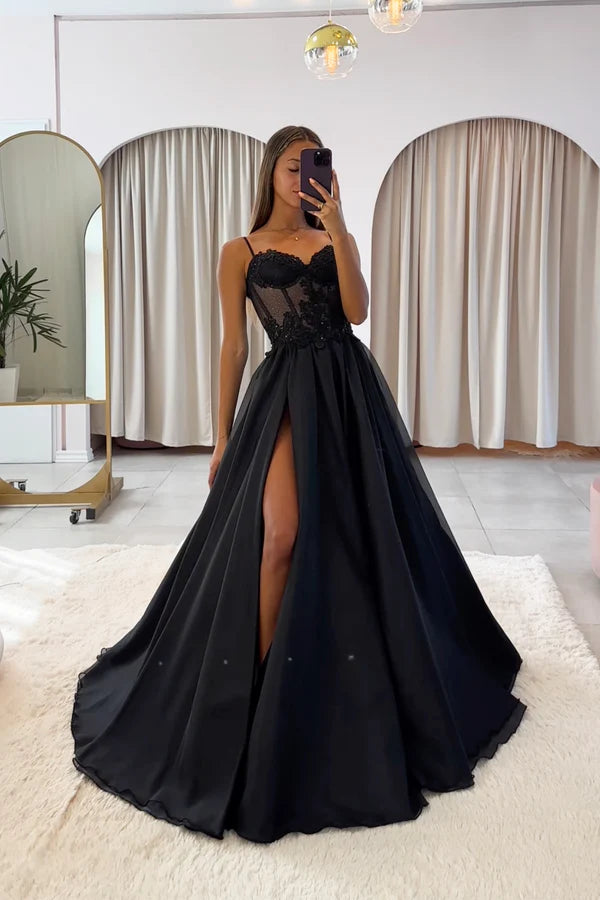 Black Spaghetti Strap Chiffon Lace Long Prom Dress Black A-Line Evening Party Dress