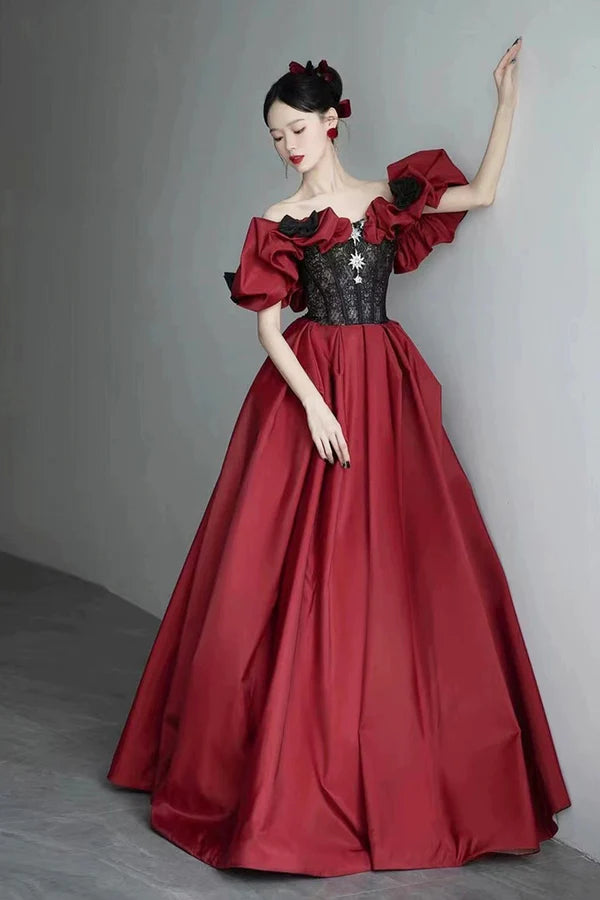 Burgundy Satin and Black Lace Floor Length Prom Dress Off the Shoulder Evening Party Dress