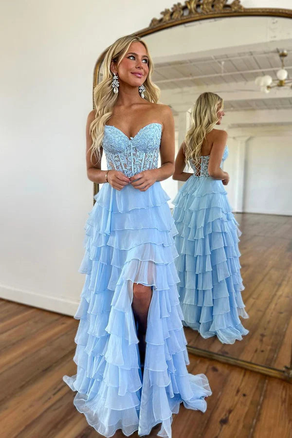 Light Blue Strapless High Low Prom Dress Blue Lace Layered Formal Evening Dress