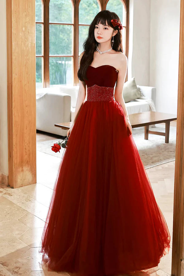Burgundy Strapless Tulle Long Prom Dress with Beaded Burgundy Tulle Formal Dress