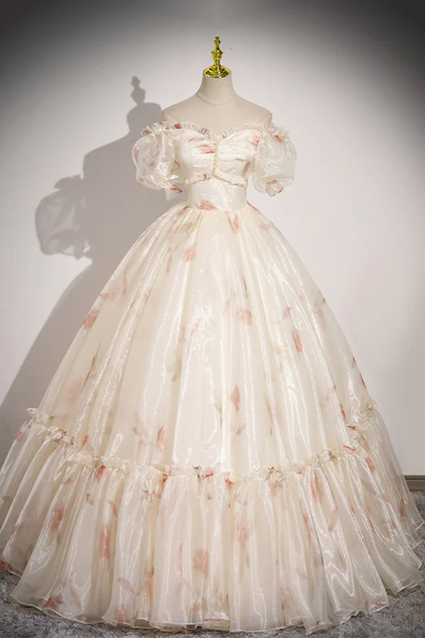 Beautiful Floral Tulle Long Prom Dress Champagne Short Sleeve Evening Dress