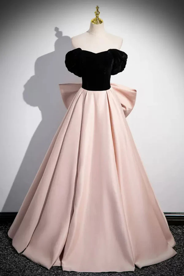 Black Velvet and Pink Satin Long Prom Dress Beautiful A-Line Evening Party Dress with Bow