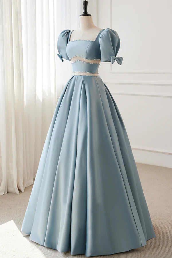 Blue Satin Beaded Long Prom Dress Blue Short Sleeve Evening Dress