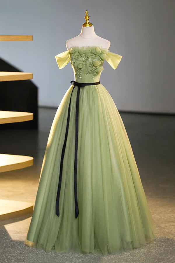 Green Off-Shoulder Tulle Long Formal Dress Beautiful A-Line Evening Dress