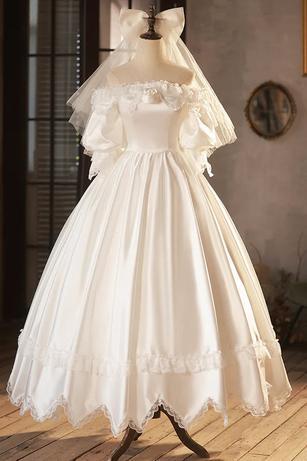 White Satin Lace Prom Dress White Evening Dress Wedding Dress