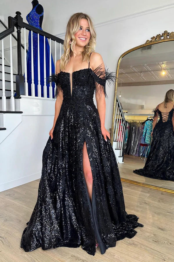 Black Sequins Lace Long Prom Dress Black Evening Party Dress