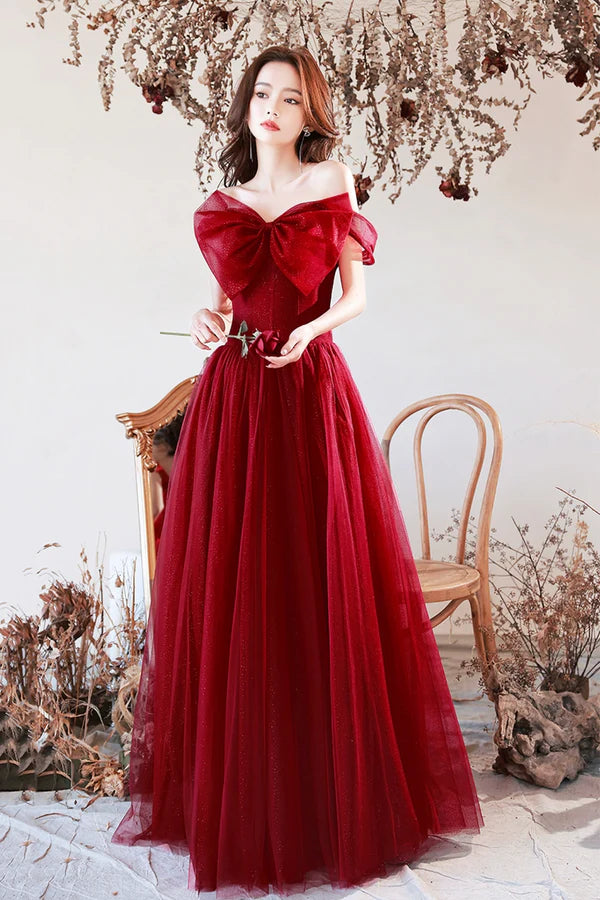 Burgundy Tulle Long A-Line Prom Dress with Bow Burgundy Evening Graduation Dress