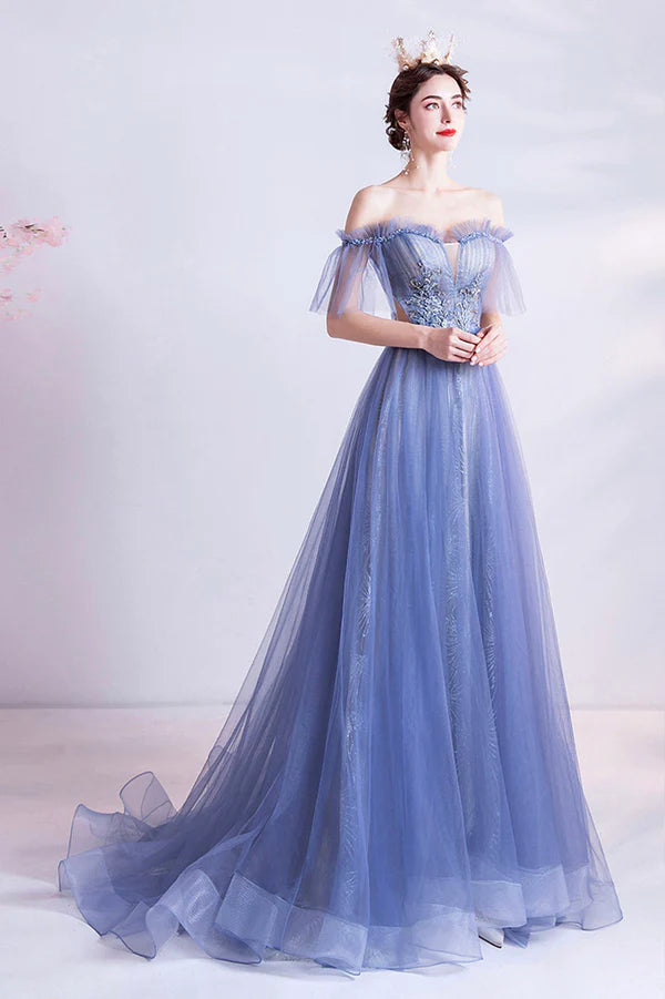 Off the Shoulder Lace Long Formal Dress Blue A-Line Evening Party Dress