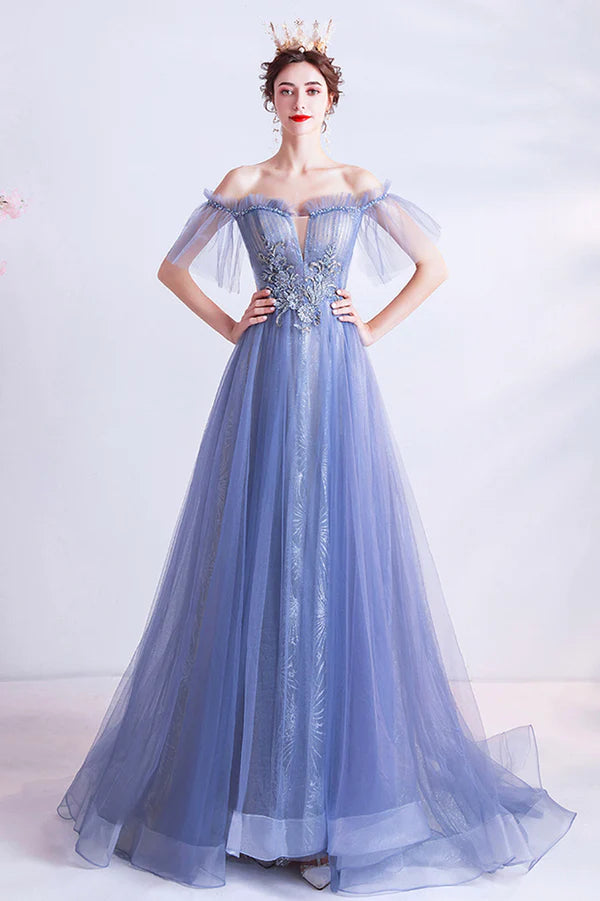 Off the Shoulder Lace Long Formal Dress Blue A-Line Evening Party Dress