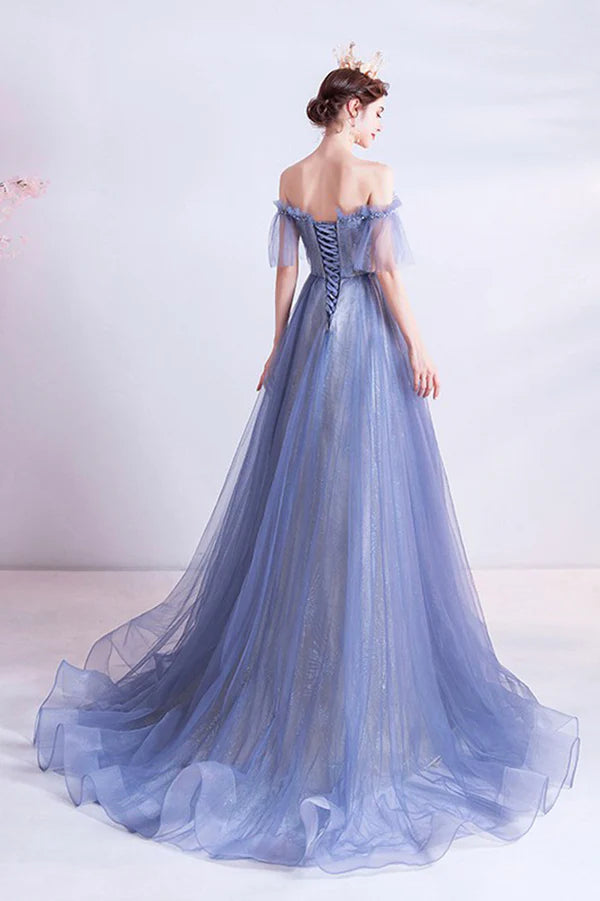 Off the Shoulder Lace Long Formal Dress Blue A-Line Evening Party Dress