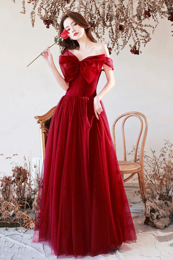 Burgundy Tulle Long A-Line Prom Dress with Bow Burgundy Evening Graduation Dress