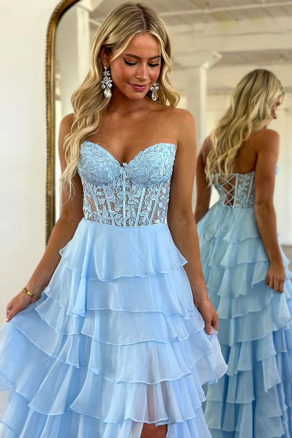 Light Blue Strapless High Low Prom Dress Blue Lace Layered Formal Evening Dress