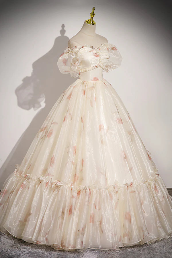 Beautiful Floral Tulle Long Prom Dress Champagne Short Sleeve Evening Dress