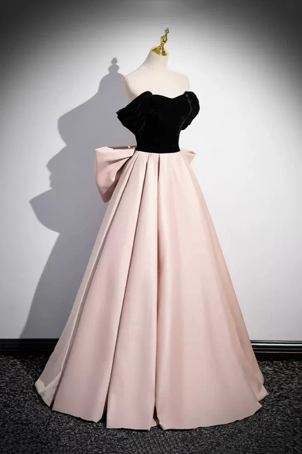 Black Velvet and Pink Satin Long Prom Dress Beautiful A-Line Evening Party Dress with Bow