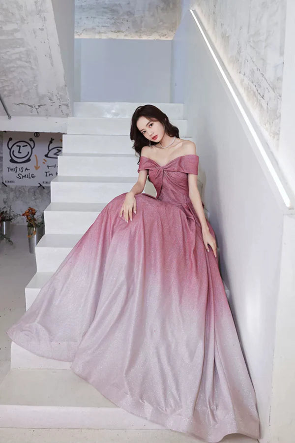 Beautiful Gradient Floor Length A-Line Prom Dress Off the Shoulder Evening Party Dress