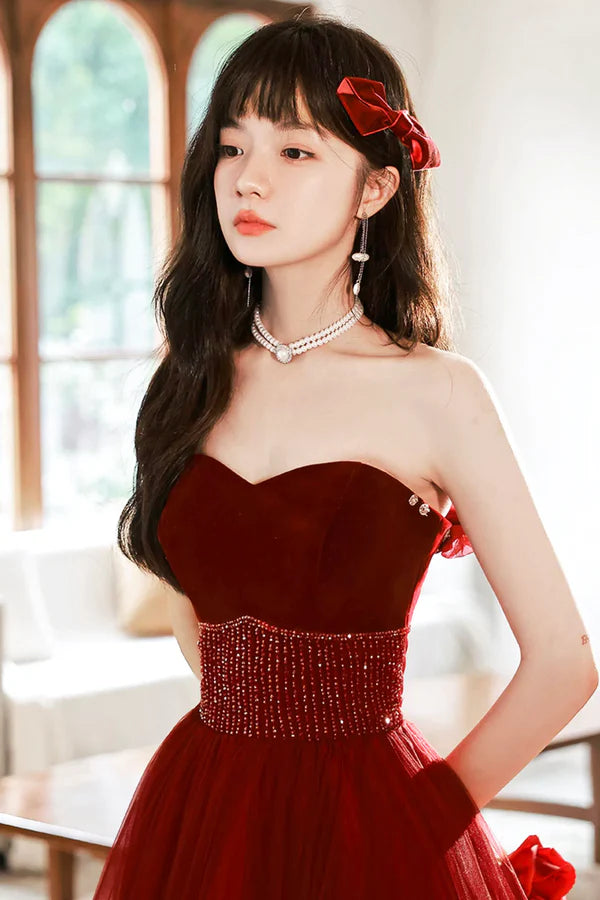 Burgundy Strapless Tulle Long Prom Dress with Beaded Burgundy Tulle Formal Dress