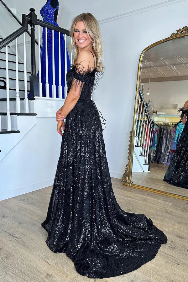 Black Sequins Lace Long Prom Dress Black Evening Party Dress