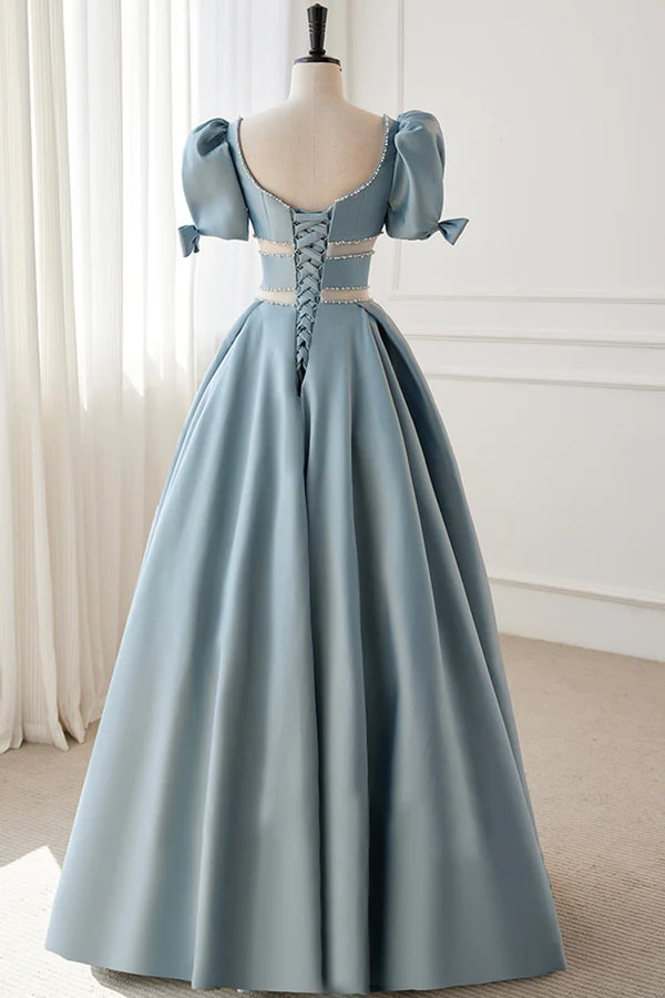 Blue Satin Beaded Long Prom Dress Blue Short Sleeve Evening Dress