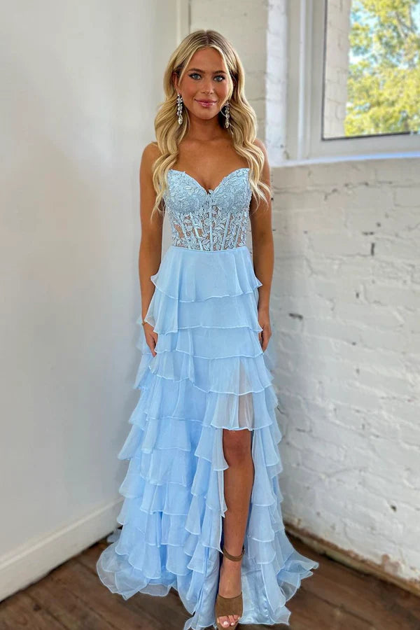Light Blue Strapless High Low Prom Dress Blue Lace Layered Formal Evening Dress