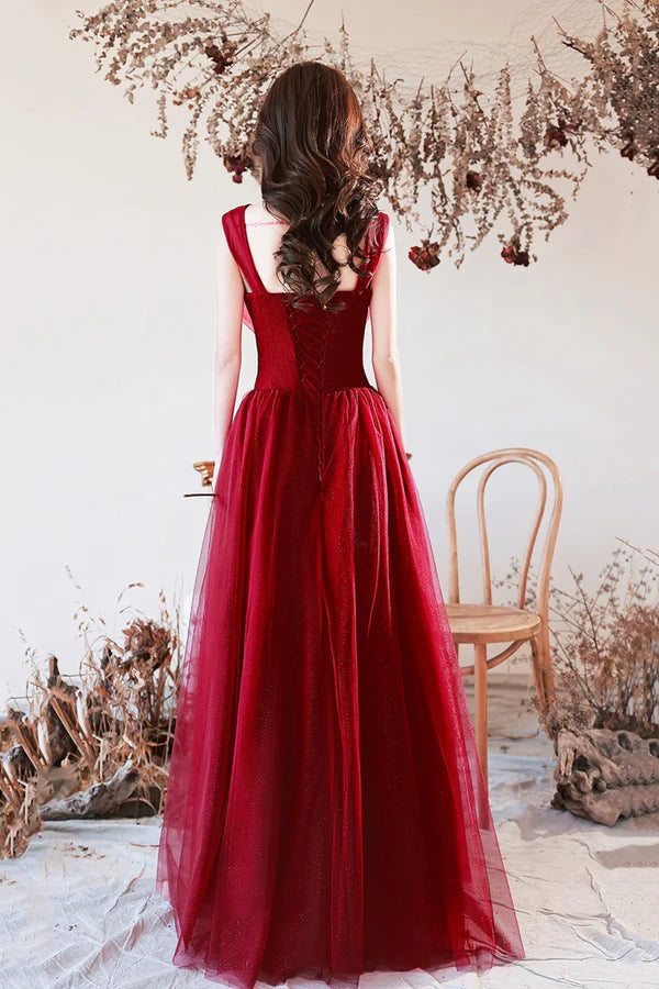 Burgundy Tulle Long A-Line Prom Dress with Bow Burgundy Evening Graduation Dress