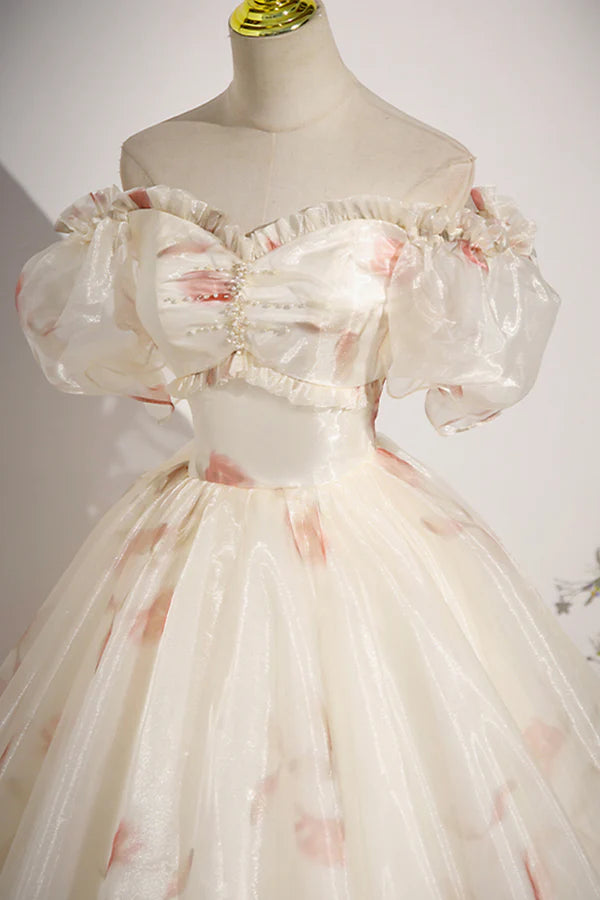 Beautiful Floral Tulle Long Prom Dress Champagne Short Sleeve Evening Dress