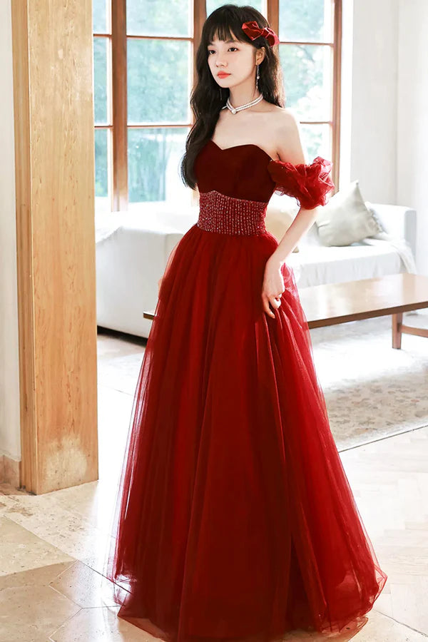 Burgundy Strapless Tulle Long Prom Dress with Beaded Burgundy Tulle Formal Dress