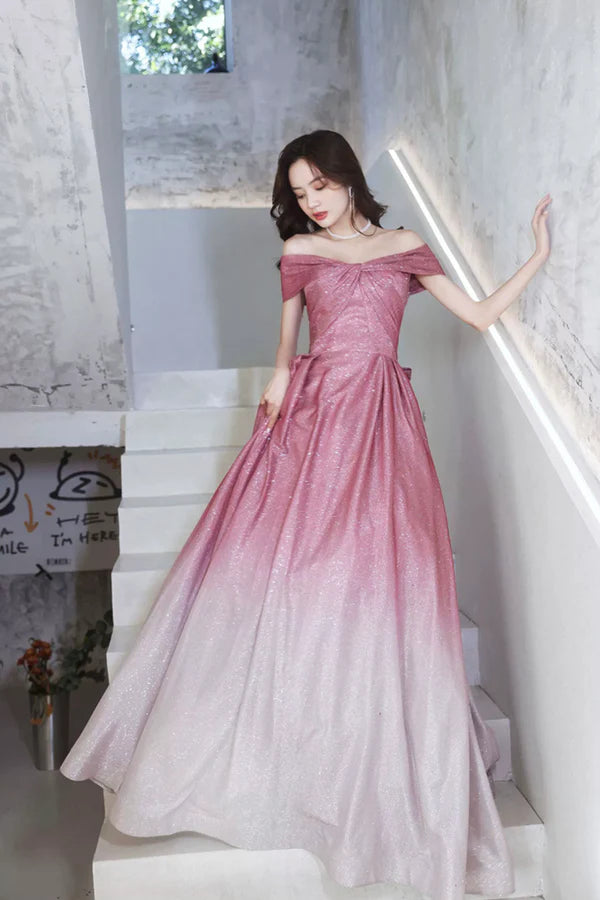 Beautiful Gradient Floor Length A-Line Prom Dress Off the Shoulder Evening Party Dress