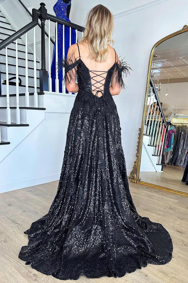 Black Sequins Lace Long Prom Dress Black Evening Party Dress