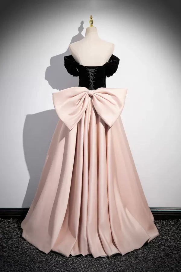 Black Velvet and Pink Satin Long Prom Dress Beautiful A-Line Evening Party Dress with Bow