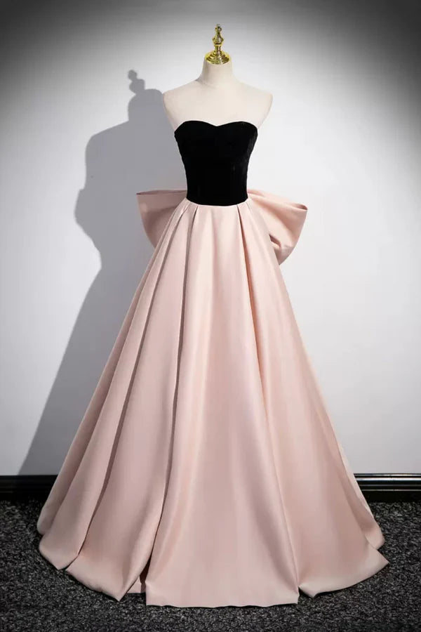 Black Velvet and Pink Satin Long Prom Dress Beautiful A-Line Evening Party Dress with Bow