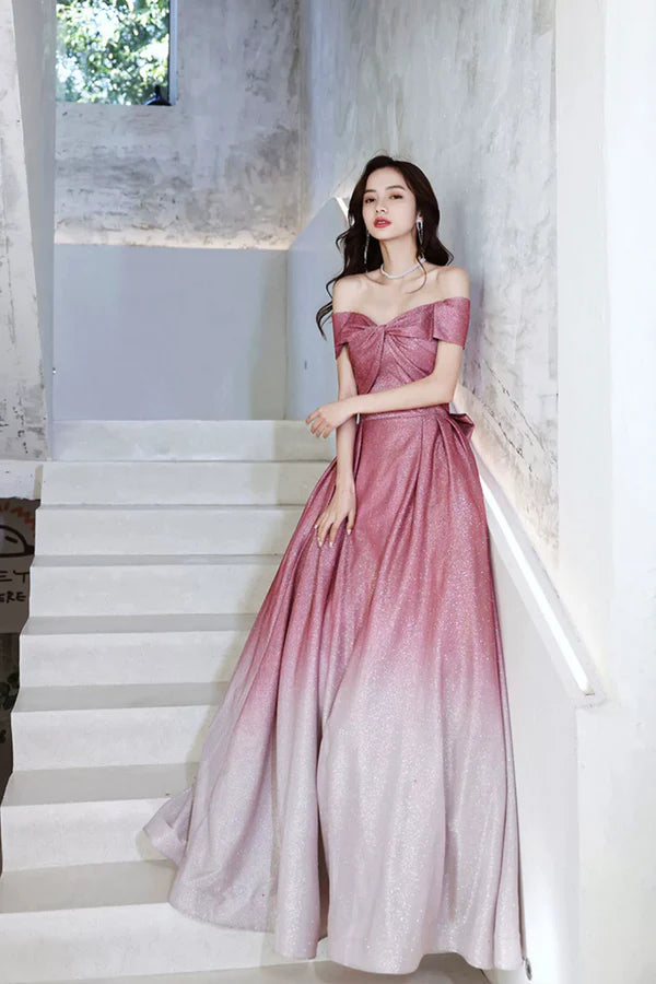 Beautiful Gradient Floor Length A-Line Prom Dress Off the Shoulder Evening Party Dress
