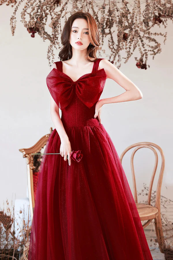 Burgundy Tulle Long A-Line Prom Dress with Bow Burgundy Evening Graduation Dress