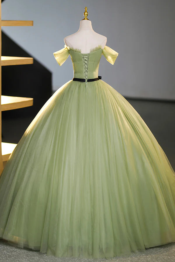 Green Off-Shoulder Tulle Long Formal Dress Beautiful A-Line Evening Dress