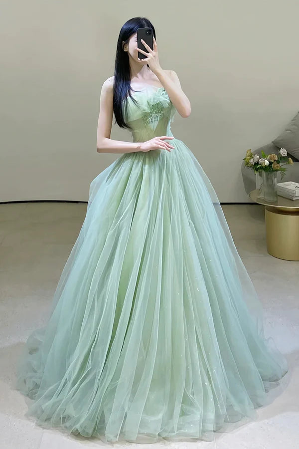 Green Strapless Tulle Long Prom Dress Beautiful Green Evening Party Dress