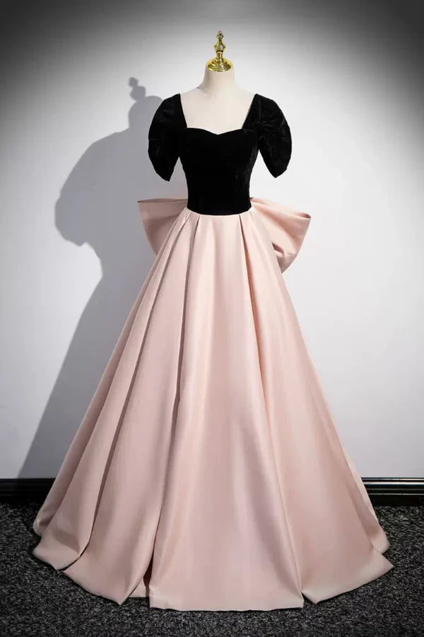 Black Velvet and Pink Satin Long Prom Dress Beautiful A-Line Evening Party Dress with Bow