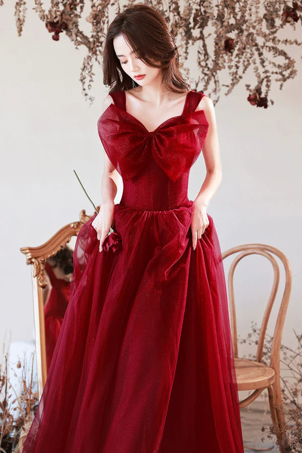 Burgundy Tulle Long A-Line Prom Dress with Bow Burgundy Evening Graduation Dress