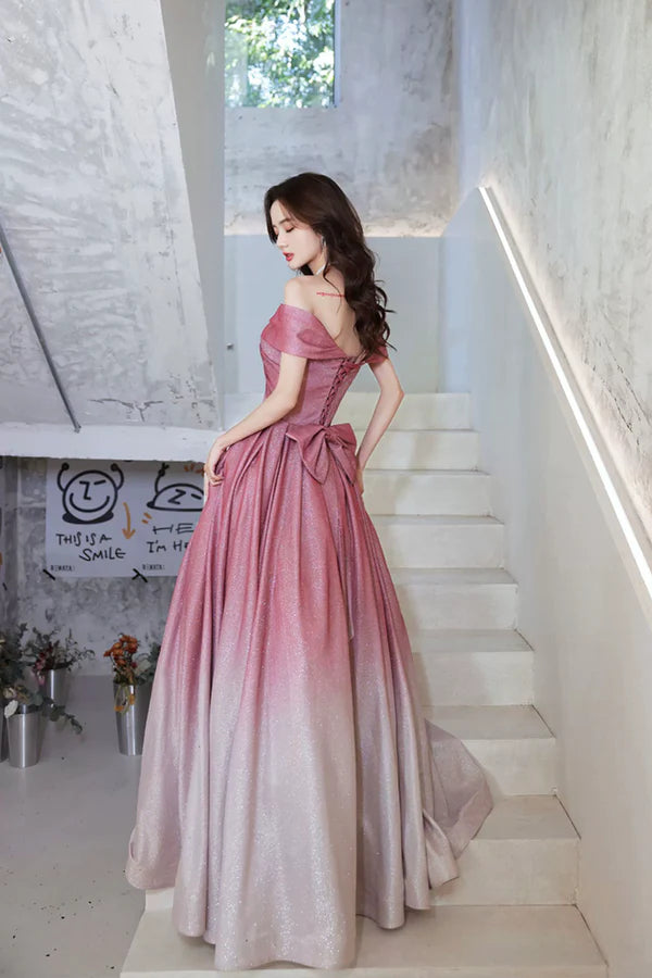 Beautiful Gradient Floor Length A-Line Prom Dress Off the Shoulder Evening Party Dress