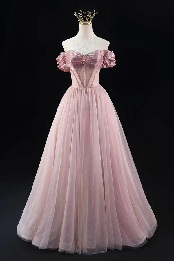 Off the Shoulder Sweetheart Beaded Tulle Long Prom Dress A-Line Pink Evening Dress