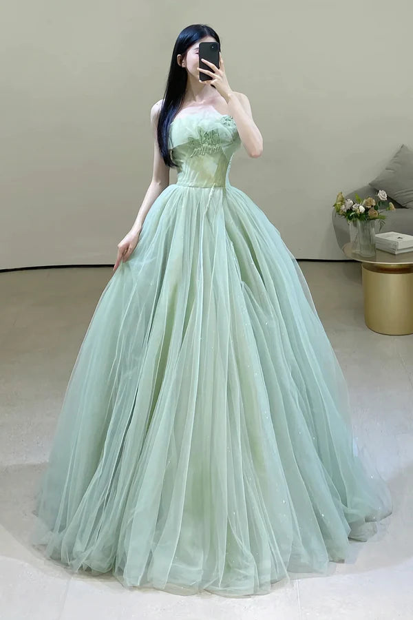 Green Strapless Tulle Long Prom Dress Beautiful Green Evening Party Dress