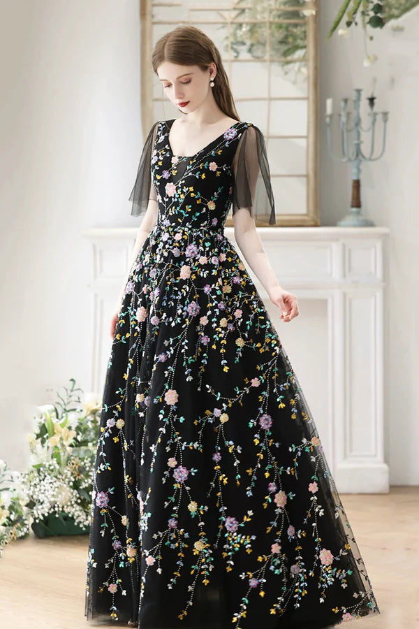 Black V-Neck Tulle Sequins Long Prom Dress Black A-Line Formal Evening Dress