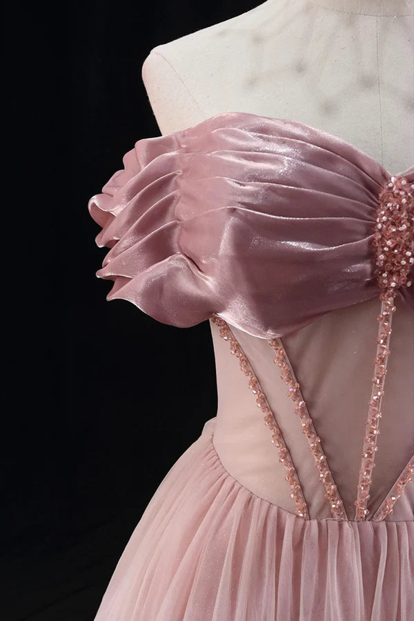 Off the Shoulder Sweetheart Beaded Tulle Long Prom Dress A-Line Pink Evening Dress