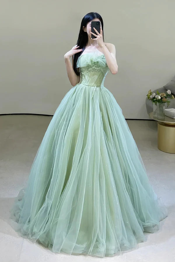 Green Strapless Tulle Long Prom Dress Beautiful Green Evening Party Dress