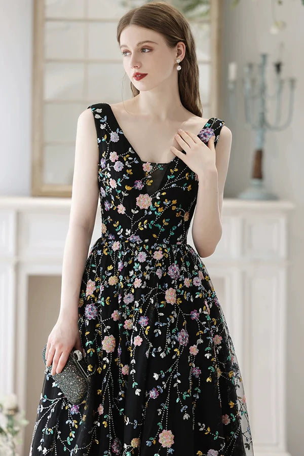 Black V-Neck Tulle Sequins Long Prom Dress Black A-Line Formal Evening Dress