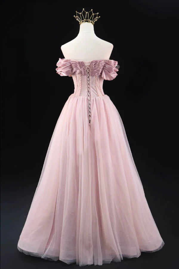 Off the Shoulder Sweetheart Beaded Tulle Long Prom Dress A-Line Pink Evening Dress