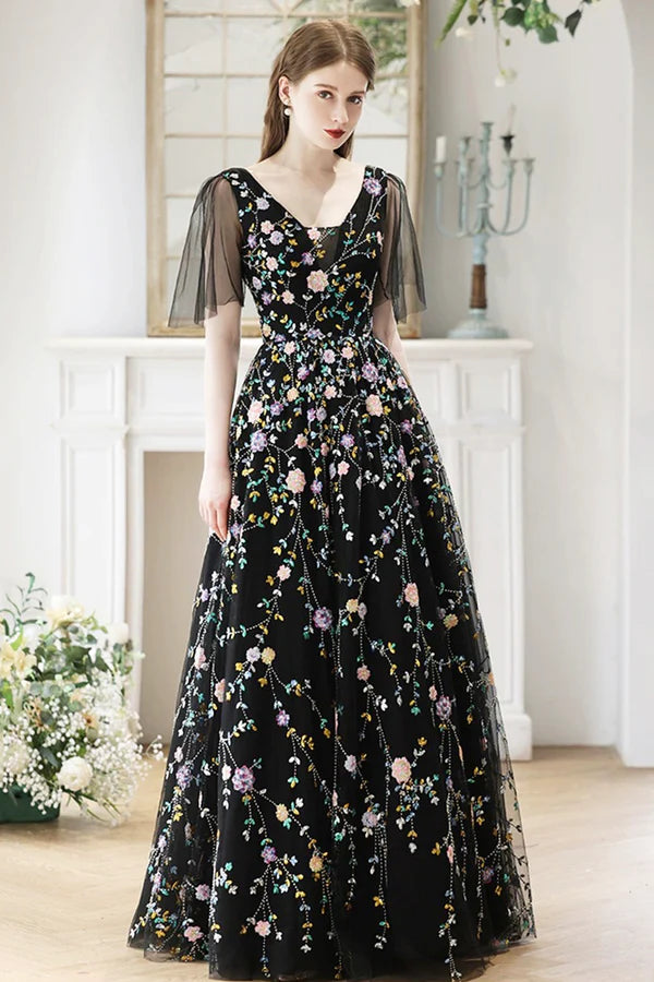 Black V-Neck Tulle Sequins Long Prom Dress Black A-Line Formal Evening Dress