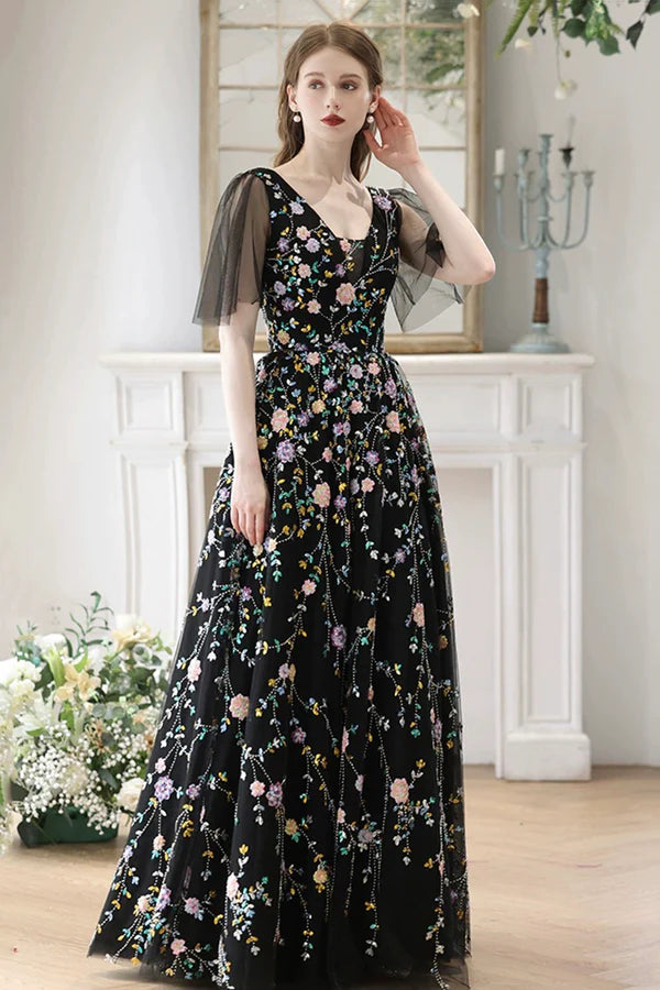 Black V-Neck Tulle Sequins Long Prom Dress Black A-Line Formal Evening Dress