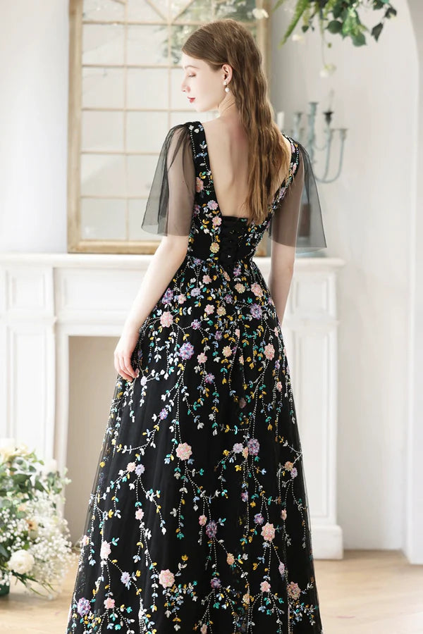 Black V-Neck Tulle Sequins Long Prom Dress Black A-Line Formal Evening Dress