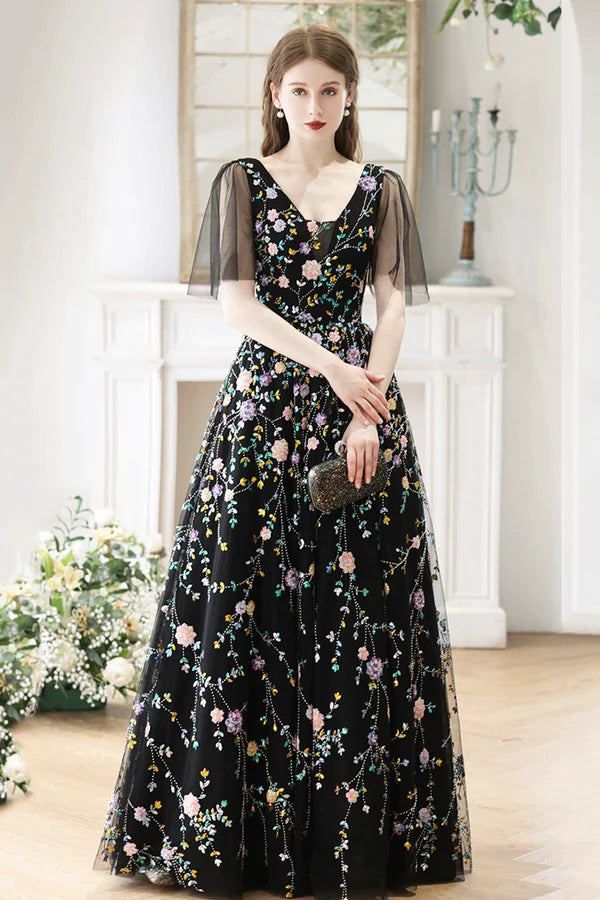 Black V-Neck Tulle Sequins Long Prom Dress Black A-Line Formal Evening Dress