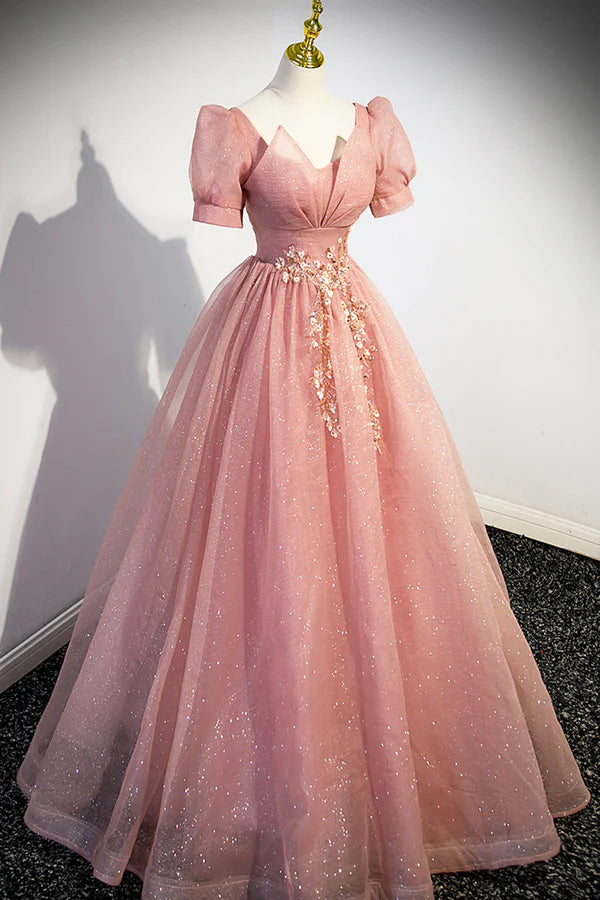 Beautiful Pink Tulle Floor Length Prom Dress Cute Short Sleeve Evening Dress
